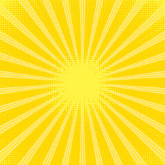 Vector yellow abstract ray background. Light of sunburst. Yellow starburst with halftone. Sun gold sky ray texture. Flash star burst.