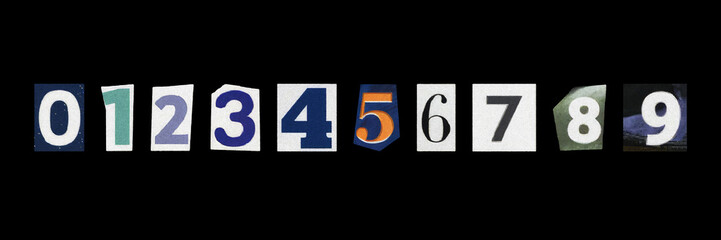Set of cut-out ransom numbers from magazines on a black background, retro y2k style