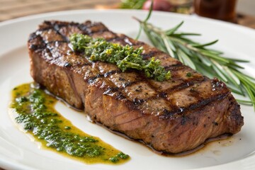 Grilled steak with herb sauce