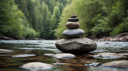 A small stack of balanced rocks on the shore of a quiet river