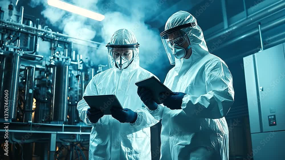 Aufkleber two engineers in full ppe gear analyzing data on handheld tablets while standing beside colossal pow