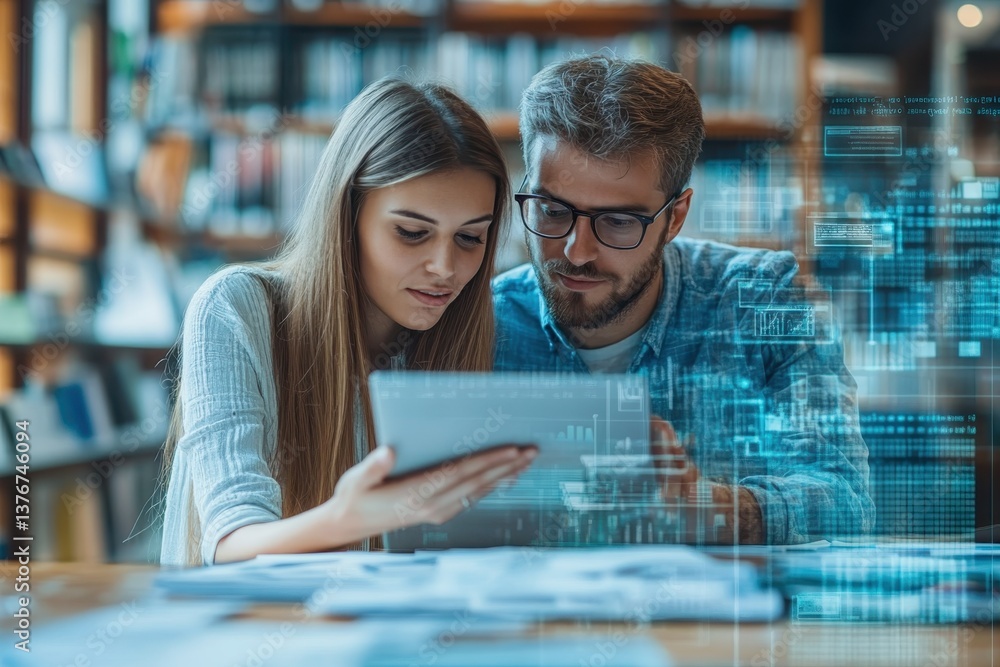 Poster young couple collaborating on a digital project using a tablet in a modern library setting