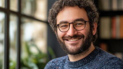 Prompt Engineer Concept. Smiling man with glasses sitting by a window indoors.