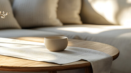 Minimalist interior scene with a ceramic bowl on a wooden table, illuminated by natural light.