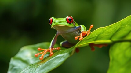 Obraz premium Striking Red-Eyed Tree Frog Portrait on Leaf against a Lush Green Backdrop