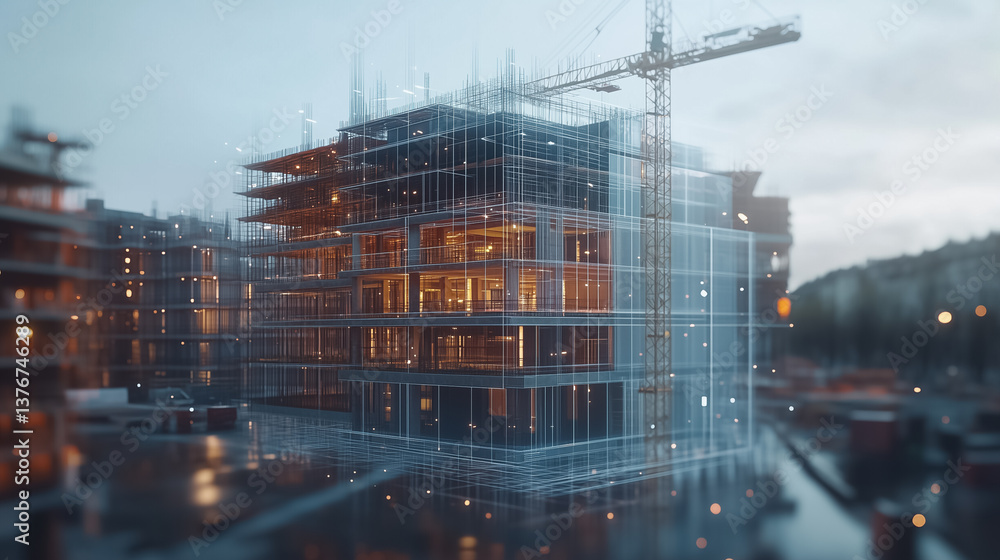 Poster construction site features building under development with scaffolding and crane. setting during twi