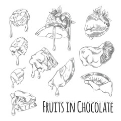 Fondue collection sketch, berries and fruit pieces with melted chocolate or cheese cream hand drawn vector engraved set