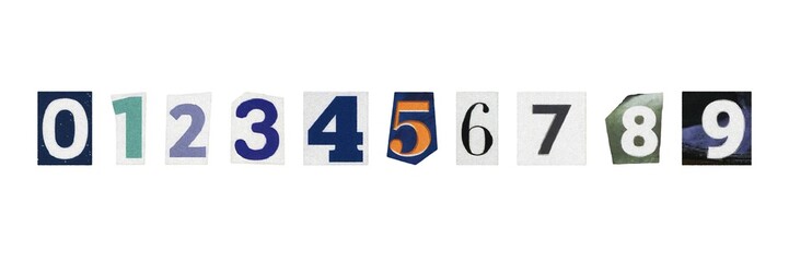 Set of cut-out ransom numbers from magazines on a white background, retro y2k style