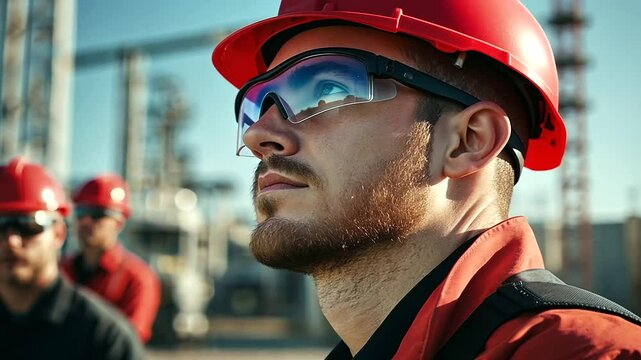 Close-up of engineers documenting transformer readings, their faces focused behind safety glasses as they inspect cooling systems and oil tanks under the harsh sunlight at the subs