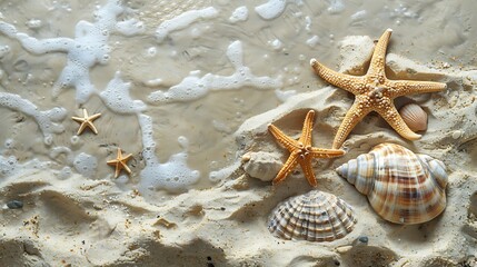 Plakat Top view of a sandy beach texture with imprints of exotic seashells and starfish as natural textured background