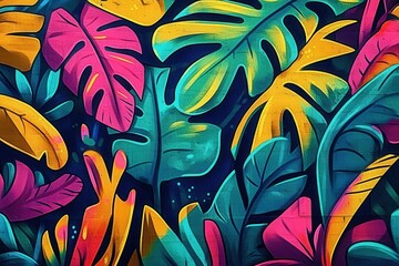 Vibrant tropical graffiti art with neon jungle leaves and bold outlines