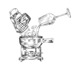 Making cheese fondue with fondue pot, grater, cheese, glass of wine, and garlic.