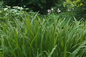 Morning dew on fresh green grass, sparkling in early spring sunlight  