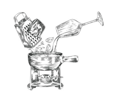 fondue pot preparation, grater, wine glass, sketch clip art preview