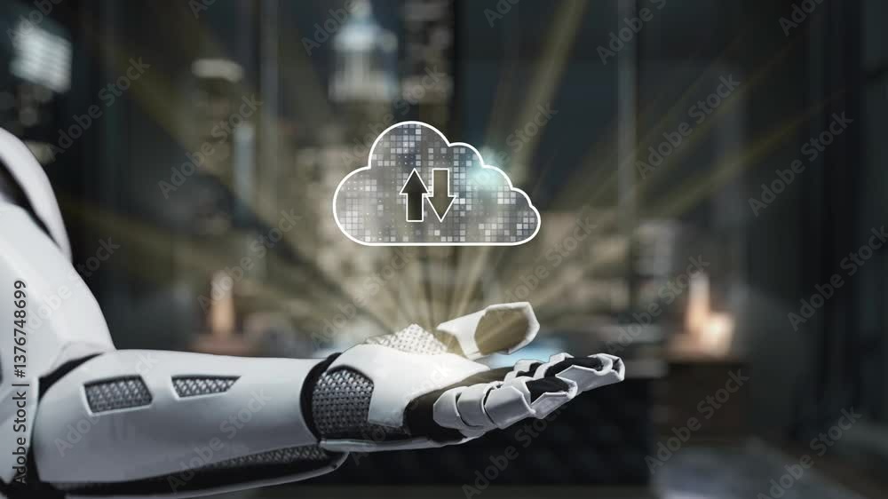 Poster futuristic robot hand releasing file icons into a cloud interface with city skyline in the backgroun