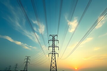 Electric power lines against blue and yellow sky