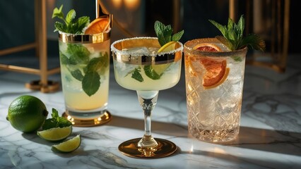 Cocktails served in elegant glasses on a marble table at a stylish bar setting