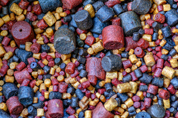 Carpfishing session at the Lake.Background of boilies and trout pellets, fishing baits for...