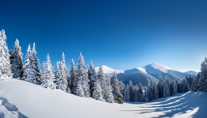 snow covered mountain landscape with tall trees and a clear blue sky