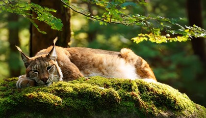 a sleepy lynx lying on a moss covered rock in a dense forest with soft sunlight filtering through the canopy