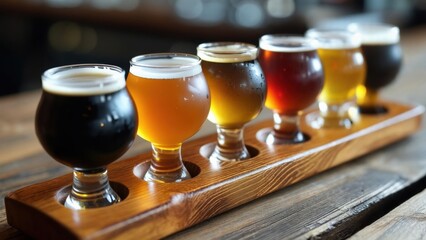 Craft beers on a wooden flight served in a brewery setting
