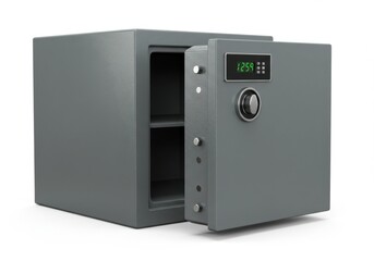 A gray safe with an open door and a digital display showing the time on a white background studio shot