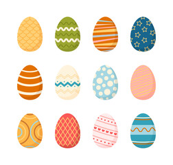 Colorful Easter eggs with different textures. Spring flat clipart set. Holiday collection of Easter elements.
