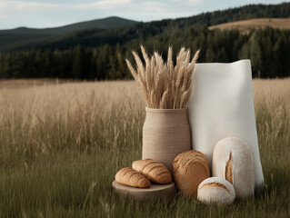 Artisanal bread assortment with wheat stalks in woven basket arranged in golden wheat field with mountain landscape background