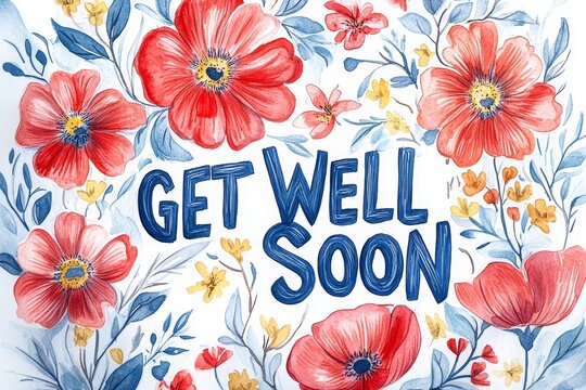 Get well soon greeting card with beautiful colorful flowers, AI Generated