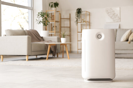 Modern humidifier and grey sofa in stylish living room