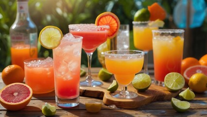 Fototapeta premium Colorful cocktails served on a wooden table surrounded by fresh fruits in a sunny garden