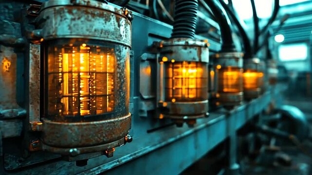 A gritty close-up of a large substation transformer unit, showcasing weathered metal textures, densely packed high-voltage wiring, and oil-filled cooling chambers reflecting ambien