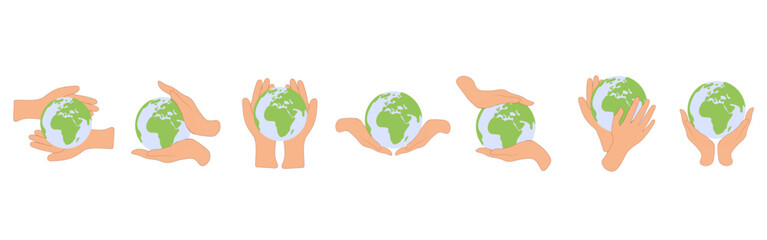 Eco-friendly illustration of hands holding the Earth, symbolizing love, care. Ideal for environmental campaigns, posters, public awareness projects promoting the preservation of the planet and nature.