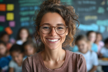 Radiant teacher s joyful smile inspiring classroom blurred kids soft lighting warm tones