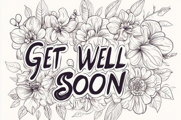 Get well soon greeting card with beautiful black and white flowers, AI Generated