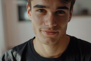 Obraz premium close up of black t shirt being worn by a young man close up at home