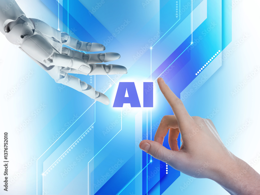Poster artificial intelligence. man and robot touching virtual ai abbreviation with their hands on color ba