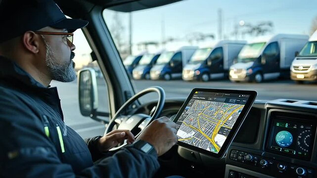 A logistics coordinator inside a truck, reviewing a detailed map on a tablet, recalculating the best route based on new traffic information, while a fleet of trucks is seen parked