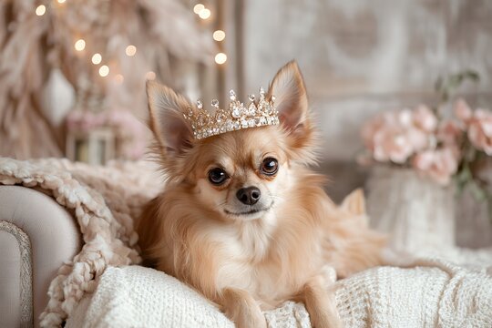 Adorable chihuahua wearing sparkling crown on cozy sofa