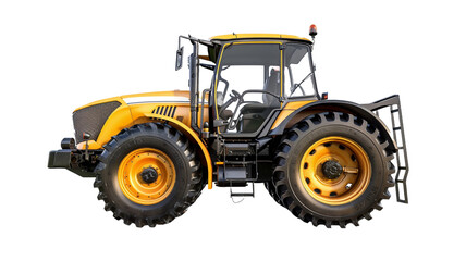 Obraz premium A yellow tractor with a black wheel with a plow on the side isolated on transparent background.