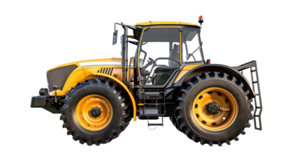 A yellow tractor with a black wheel with a plow on the side isolated on transparent background.

