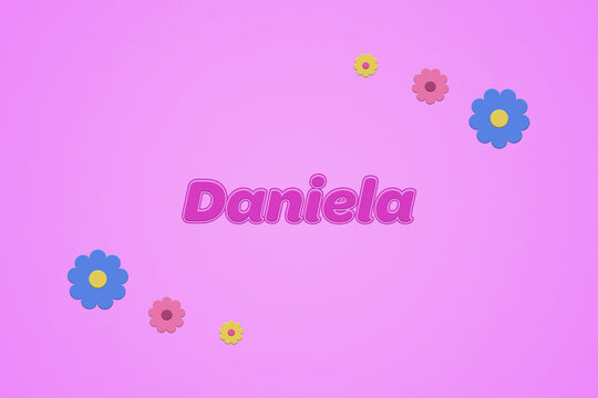 Daniela female girl name illustration in pink with blossoms, flowers
