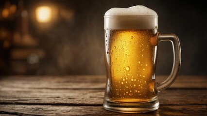 Golden beer in a frosty mug placed on a rustic wooden table at a cozy pub