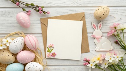 Easter concept. Easter-themed flat lay with eggs, flowers, and a blank card.
