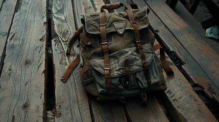 A photo of a backpack on a rustic wooden floor.