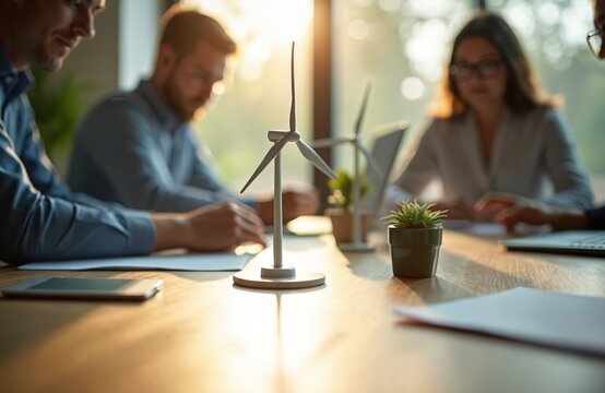 Business team meeting table wind turbine model. Professionals discuss green energy solutions. Focus sustainable strategies, environmental conservation, renewable energy, eco-friendly tech. Interior