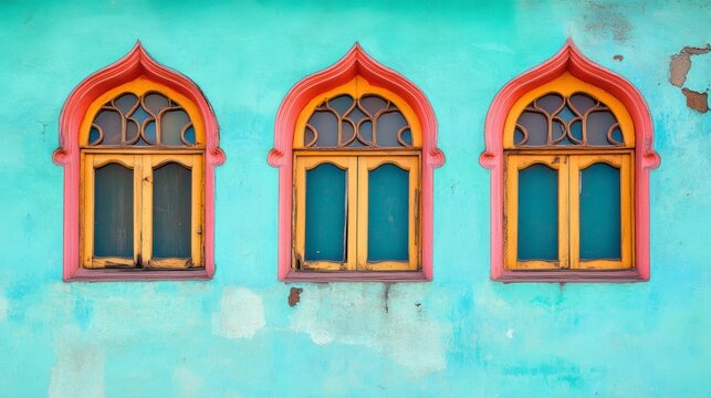 Three arched windows with wooden frames on a teal wall.
