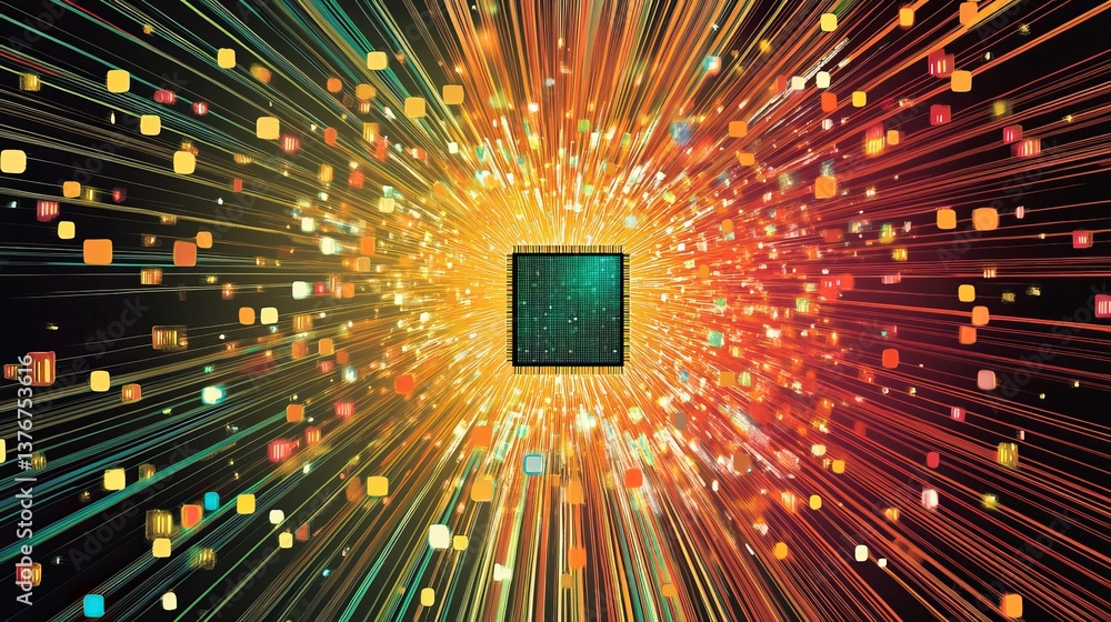 Poster abstract digital technology background powerful processor microchip data streams bright colorful ray