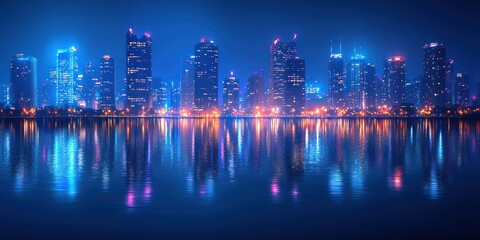 Night cityscape reflected in calm water, vibrant lights illuminate buildings and skyline