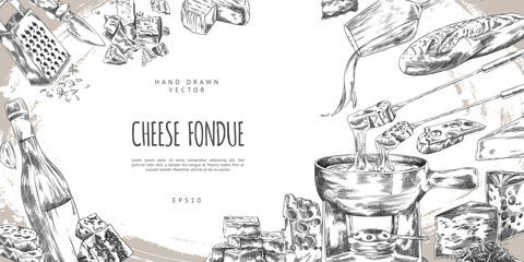 Cheese fondue engraved sketch vector banner, melted cheese with bread slice on fondue skewer and bowl, wine and garlic
